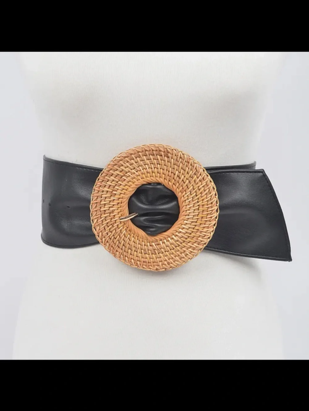 Faux leather Wide Waist Belt with Woven Round Buckle - Picture 5 of 5